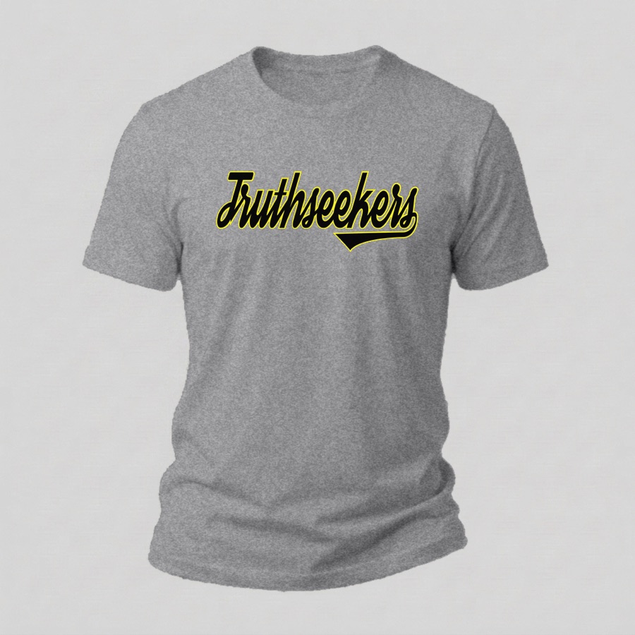 Varsity Script tee, Black & Gold print on a heather grey shirt