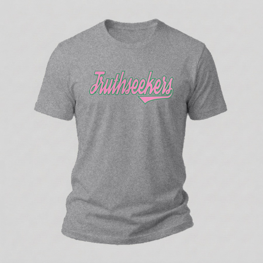 Varsity Script tee, Pink & Green print on a heather grey shirt