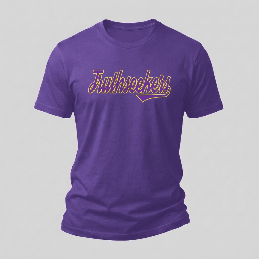 Varsity Script tee, Purple & Gold print on a violet shirt