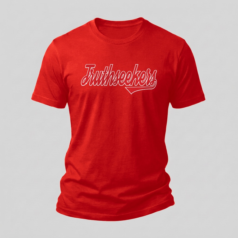 Varsity Script tee, Red & White print on a red shirt